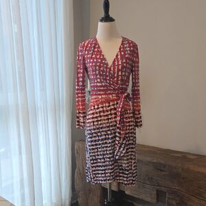 BCBGMaxAzria Red and Black Long Sleeve Wrap Dress